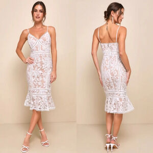 Lulu's Alluring Love White and Beige Lace Trumpet Hem Midi Dress Wedding Party